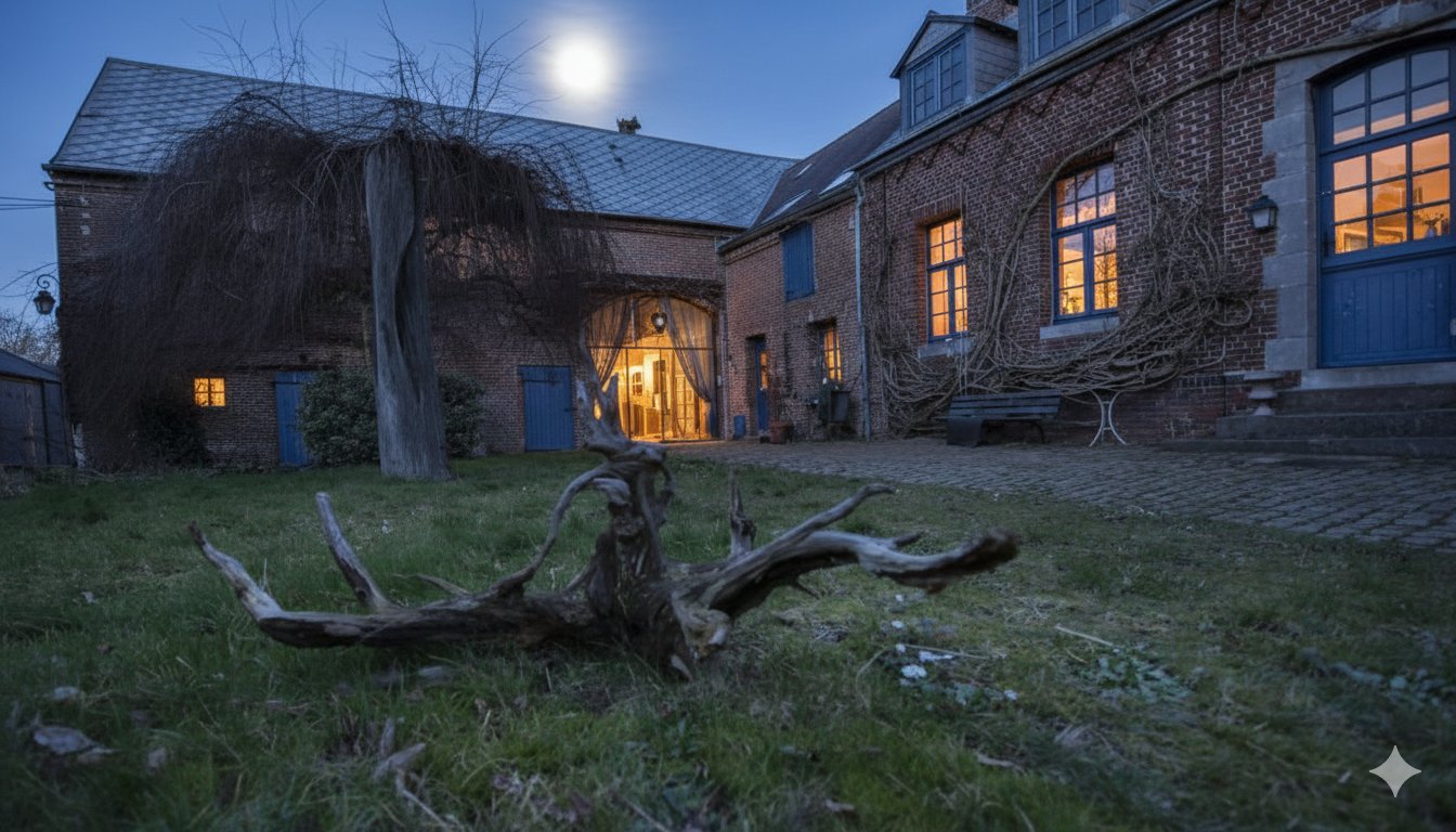 Les Granges de Béthencourt à la nuit tombée — fenêtres éclairées, pleine lune au-dessus du toit.